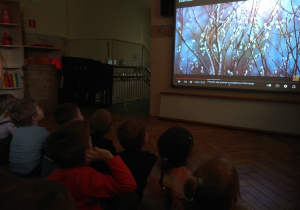 Dzieci oglądają film o zwiastunach wiosny.