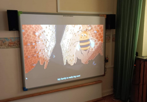 Dzieci oglądają prezentację o pszczołach.