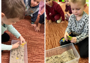 Dzieci szukają dinozaurów w piasku kinetycznym.